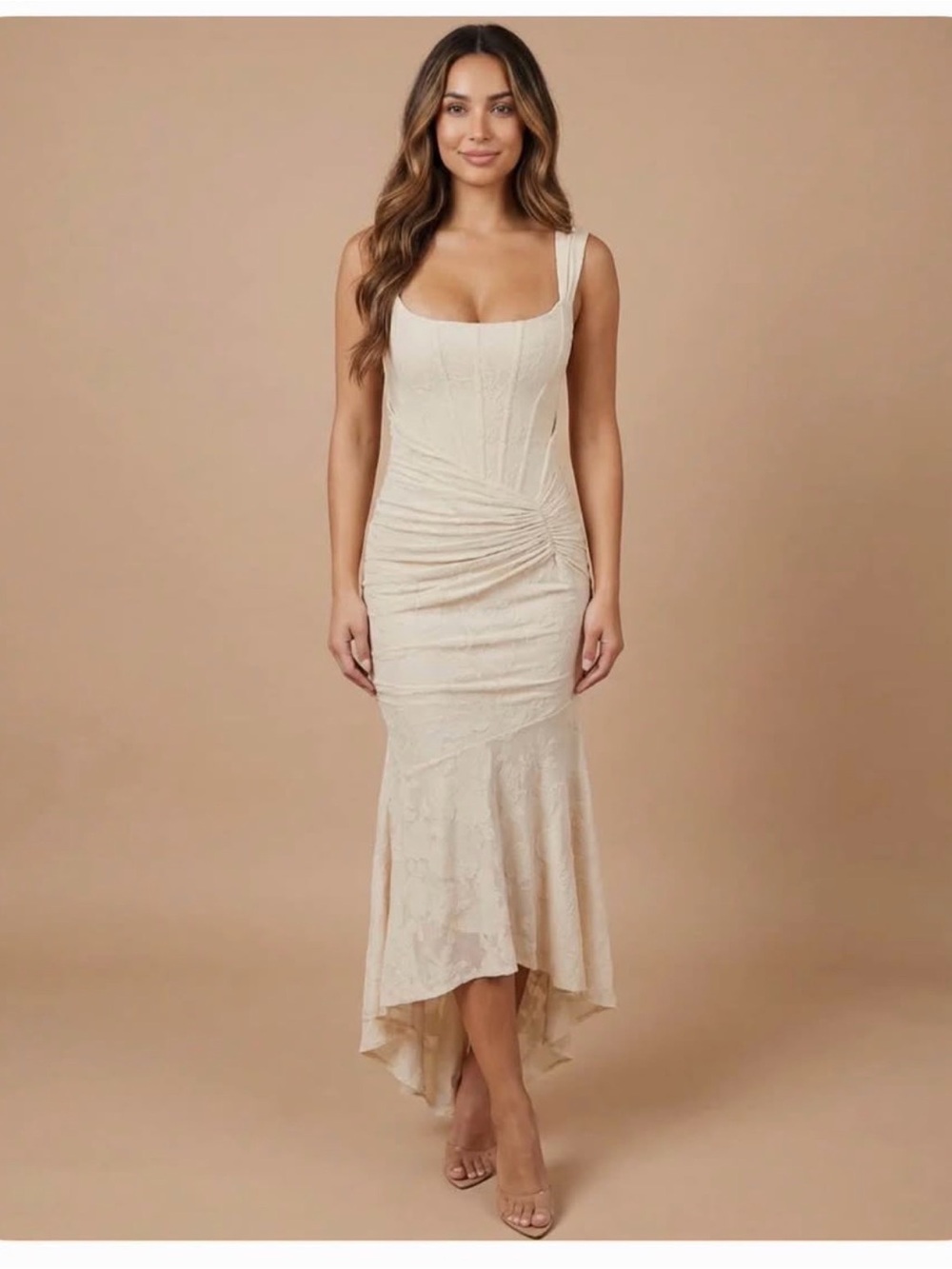 Sleeveless Lace Ruched Ivory Dress - Women's
